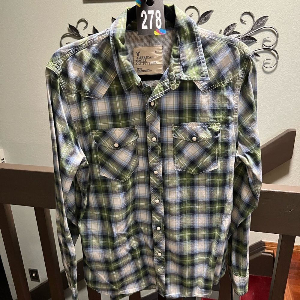 EUC American Eagle Green Plaid Western Shirt Medium #278 - Picture 5 of 5